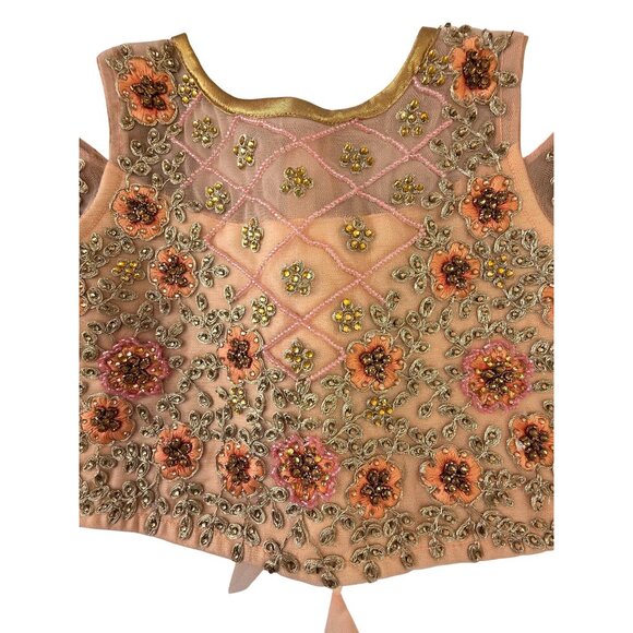 Girls Handmade Beaded Choli Top 45 cm / US 4-5 Peach/Flesh Embroider Mesh Ethnic - Picture 3 of 9